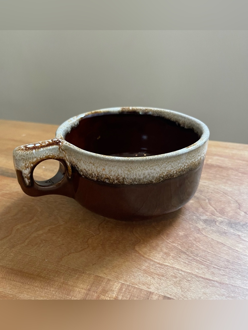 Vintage Monmouth Western Pottery Brown Drip Mug Soup Bowl Handle Maple Leaf WS